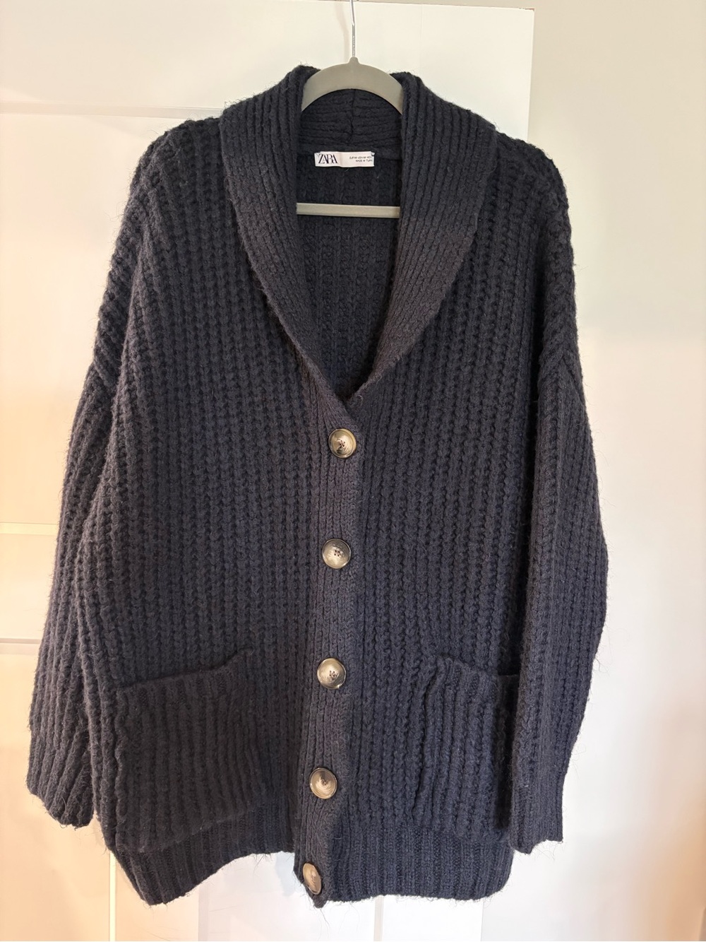 Zara Black Ribbed Shawl-Collar Button Cardigan